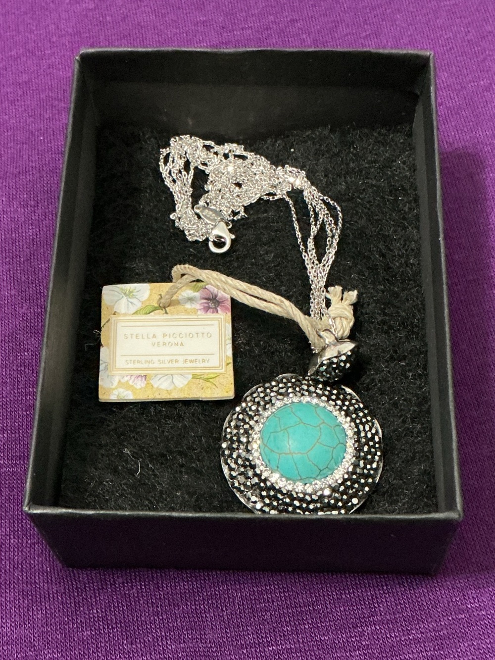 NWT Triple Strand 925 Pave Silver Black Crystal Faux Turquoise Pendant